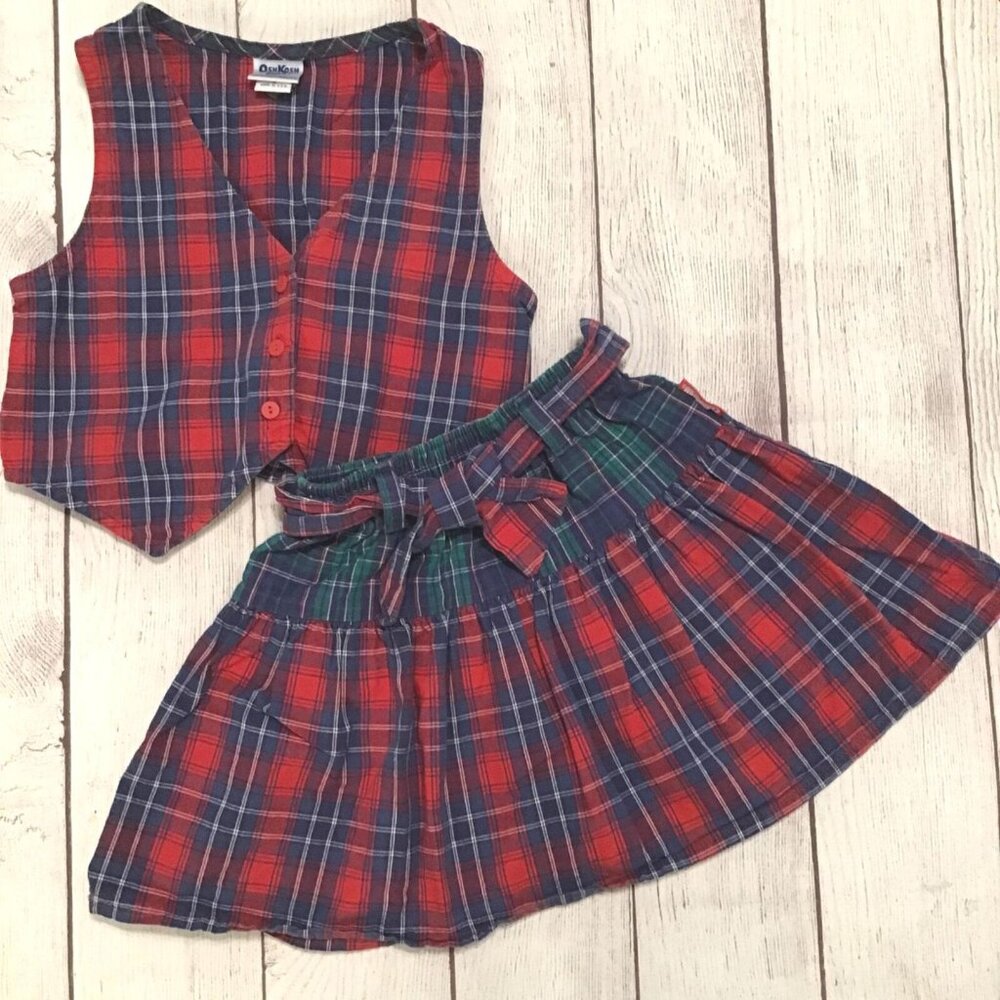 OshKosh B'Gosh Vintage Vest & Skirt Outfit Girls Size 5 Red Blue Plaid USA Made